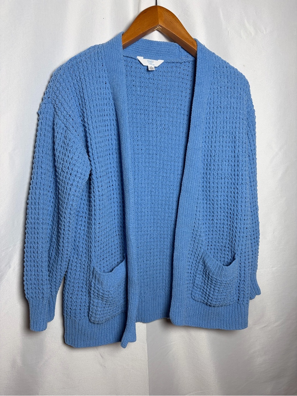 Time and Tru Light Blue Waffle-Knit Open Cardigan